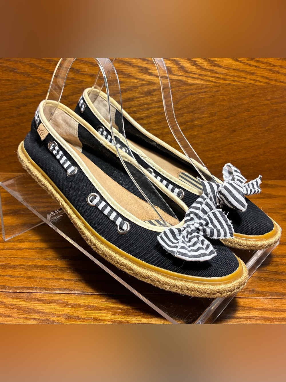 Sperry Striped Bow Canvas Espadrille Boat Flats Navy Size 8